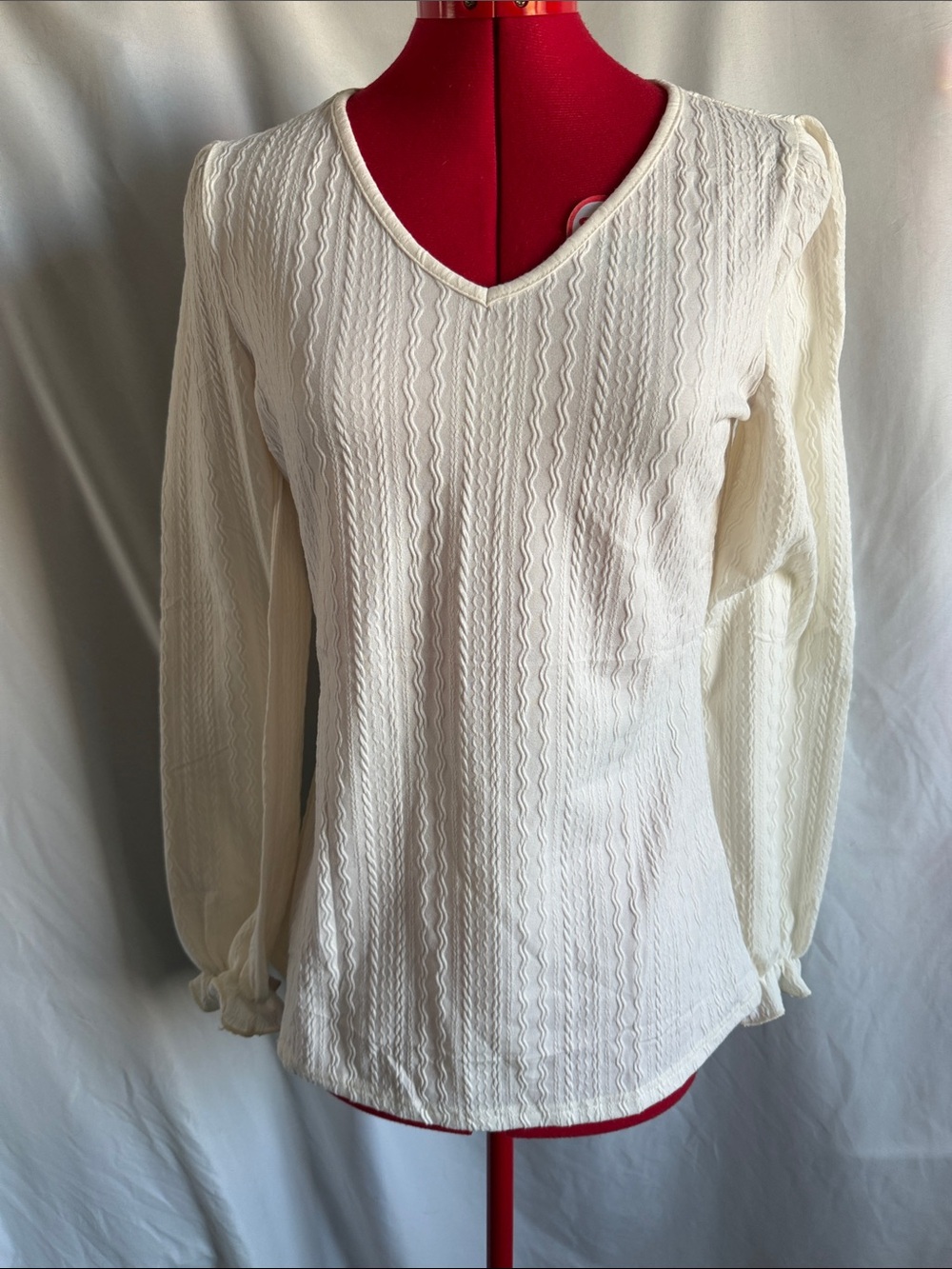 Women's Cream V-Neck Textured Long Sleeve Blouse